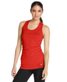 This ribbed tank top from Nike features Dri-Fit technology that wicks moisture and keeps you cool and dry. Perfect for all kinds of activities -- from yoga to jogging!