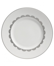Vera Wang marries modern shapes with traditional lace in this set of dinnerware. The dishes are decidedly timeless. Platinum trim and banding add delicate feminine touches to this white accent salad plate. Vera Wang marries modern shapes with traditional lace in this set of dinnerware. The dishes are decidedly timeless. Platinum trim and banding add delicate feminine touches to this white accent salad plate.