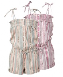 When the weather warms up she'll be ready to play in style in this striped romper with trendy details from Roxy. When the weather warms up she'll be ready to play in style in this striped romper with trendy details from Roxy.