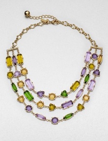 Add a touch of color with this pretty multicolored, faceted design in a feminine multi-row design. Glass and plastic stones12k goldplated brassLength, about 16Lobster clasp closureImported Add a touch of color with this pretty multicolored, faceted design in a feminine multi-row design. Glass and plastic stones12k goldplated brassLength, about 16Lobster clasp closureImported