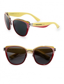 A retro-inspired, multicolored acetate and metal design that is sure to make a statement. Available in light blue, red and pink with grey gradient lens or pink, red and yellow with crystal green lens.Logo temples100% UV protectionMade in Italy A retro-inspired, multicolored acetate and metal design that is sure to make a statement. Available in light blue, red and pink with grey gradient lens or pink, red and yellow with crystal green lens.Logo temples100% UV protectionMade in Italy