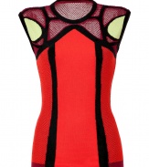 With cool contoured seaming and modern textural patterning, Peter Pilottos graphic colorblocked knit top is a chic way to amp up workweek looks - Round neckline, open-knit yolk, cap sleeves, textural knit side panels - Form-fitting - Wear with a pencil skirt, heels and a bright leather handbag