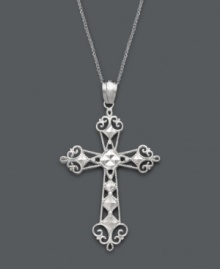 The perfect gift for confirmation: a traditional cross with a unique twist. Pendant features an ornate diamond-cut design set in 14k white gold. Approximate length: 18 inches. Approximate drop width: 3/4 inch. Approximate drop length: 1-1/2 inches. The perfect gift for confirmation: a traditional cross with a unique twist. Pendant features an ornate diamond-cut design set in 14k white gold. Approximate length: 18 inches. Approximate drop width: 3/4 inch. Approximate drop length: 1-1/2 inches.