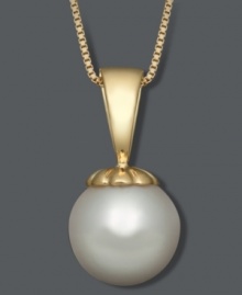 Refined beauty. A single cultured South Sea pearl (8-9 mm) makes a poignant statement on this delicate 14k gold pendant. Approximate length: 18 inches. Approximate drop: 5/8 inch. Refined beauty. A single cultured South Sea pearl (8-9 mm) makes a poignant statement on this delicate 14k gold pendant. Approximate length: 18 inches. Approximate drop: 5/8 inch.