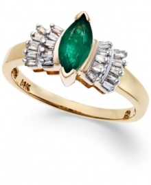 Exquisite by design. A marquise-cut emerald (5/8 ct. t.w.) adorns the center of this beautiful ring, while baguette-cut diamonds (1/5 ct. t.w.) create a fan pattern on either side. Crafted in 14k gold. Exquisite by design. A marquise-cut emerald (5/8 ct. t.w.) adorns the center of this beautiful ring, while baguette-cut diamonds (1/5 ct. t.w.) create a fan pattern on either side. Crafted in 14k gold.
