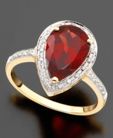 Elegance that suits you. This ring features pear-cut garnet (3-1/3 ct. t.w.) and round-cut diamond (1/10 ct. t.w.) set in 14k gold.