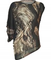 An abstract print covers this edgy-cool asymmetric top from Helmut Lang - Round neck, asymmetric top with one short sleeve and one draped sleeve, asymmetric side drape and hem, all-over print - Pair with skinny jeans, a blazer, and platform pumps