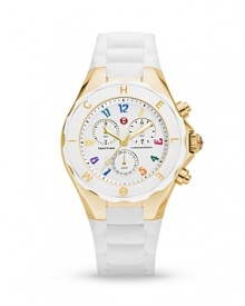 Michele's statement watches have a sweet side. With an enamel dial and multi-colored markers, this day-to-day style is a playful piece of arm candy. Michele's statement watches have a sweet side. With an enamel dial and multi-colored markers, this day-to-day style is a playful piece of arm candy.
