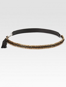 A two-sided style in supple leather and leather accented link chain, finished with a leather tassel. Width, about 1Imported A two-sided style in supple leather and leather accented link chain, finished with a leather tassel. Width, about 1Imported