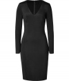 Sophisticated black luxe weight jersey dress by Ralph Lauren - Sleek and sultry, this lavish dress injects classic glamour into your cocktail look -Figure-hugging silhouette, flattering V-neck, and hidden back zip - Style with luxe patterned tights, platform heels, and a studded clutch