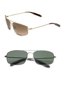 A high-flying design for men of every style and character in lightweight metal. Available in gold frames with mineral glass chocolate gradient lenses or chrome frames with mineral glass grey lenses. Logo temple detail Plastic temple tips 100% UV protective Imported A high-flying design for men of every style and character in lightweight metal. Available in gold frames with mineral glass chocolate gradient lenses or chrome frames with mineral glass grey lenses. Logo temple detail Plastic temple tips 100% UV protective Imported