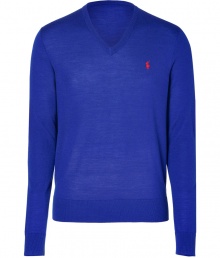 Radiant in royal blue merino wool, Ralph Laurens V-neck pullover is a great basic for this season and next - Embroidered logo, V-neckline, long sleeves, fine ribbed trim - Contemporary slim fit - Wear over shirts or tees with jeans, cords or chinos