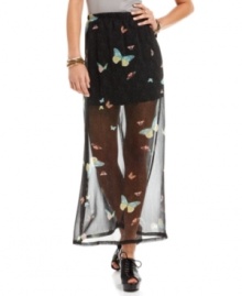 Spread your wings and prepare to fly to a higher level of style in this butterfly print maxi skirt from American Rag! Spread your wings and prepare to fly to a higher level of style in this butterfly print maxi skirt from American Rag!
