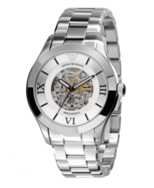 An inside job. Criminally stylish Meccanico watch by Emporio Armani crafted of stainless steel bracelet and round case. Silver tone skeleton dial features black Roman numerals at twelve, three, six and nine o'clock, stick indices, luminous black hands and logo. Automatic movement. Water resistant to 30 meters. Two-year limited warranty. An inside job. Criminally stylish Meccanico watch by Emporio Armani crafted of stainless steel bracelet and round case. Silver tone skeleton dial features black Roman numerals at twelve, three, six and nine o'clock, stick indices, luminous black hands and logo. Automatic movement. Water resistant to 30 meters. Two-year limited warranty.