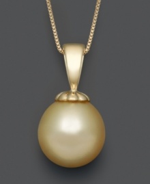 Add a ray of sunshine to your wardrobe. An exotic golden south sea pearl (10-11 mm) hangs from an intricate 14k gold setting and chain. Approximate length: 18 inches. Approximate drop: 3/4 inch. Add a ray of sunshine to your wardrobe. An exotic golden south sea pearl (10-11 mm) hangs from an intricate 14k gold setting and chain. Approximate length: 18 inches. Approximate drop: 3/4 inch.