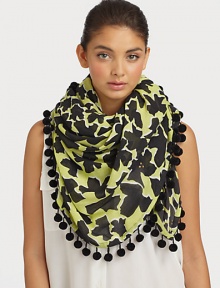 A bold, abstract floral print style accented in fun pom-pom fringed edges. 75% viscose/25% woolAbout 50 X 50Dry cleanImported A bold, abstract floral print style accented in fun pom-pom fringed edges. 75% viscose/25% woolAbout 50 X 50Dry cleanImported