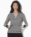 Lauren by Ralph Lauren's essential pullover defines chic, causal style in soft waffle-knit cotton, finished with bold stripes and three-quarter sleeves for a modern look.