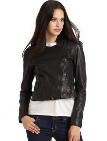 THE LOOKTopstitched collarAsymmetrical front zipperDual zip pocketsLong sleeves with rib-knit insetsTHE FITAbout 18½ from shoulder to hemTHE MATERIALLambskinKnit trim: cotton/polyesterCotton liningCARE & ORIGINDry clean by a leather specialistImportedModel shown is 5'10 (177cm) wearing US size Small. THE LOOKTopstitched collarAsymmetrical front zipperDual zip pocketsLong sleeves with rib-knit insetsTHE FITAbout 18½ from shoulder to hemTHE MATERIALLambskinKnit trim: cotton/polyesterCotton liningCARE & ORIGINDry clean by a leather specialistImportedModel shown is 5'10 (177cm) wearing US size Small.