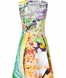 Make a bold statement in this printed Technicolor dress from London-based It designer Mary Katrantzou - V neckline, sleeveless, fitted bodice, full skirt all-over floral print, belt loops, concealed back zip closure - Pair with an oversized cardigan, opaque tights, platform heels, and an embellished clutch