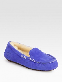 Decorative stitching and plush shearling lining enhance this moccasin-inspired suede design. Stretch suede upper Shearling lining Rubber sole Padded insole ImportedOUR FIT MODEL RECOMMENDS ordering true whole size; ½ sizes should order the next whole size down. 