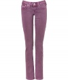 Colorful jeans are de rigueur this season, and True Religions purple pants offer a chic twist on summer staple - Faded, antique rinse has a look of well-worn chic - Low rise, with belt loops, zip fly and button closure - Flattering signature  triangular flap pockets at rear and right hip - Straight, slim leg - Pair with  t-shirts, button downs and silk blouses