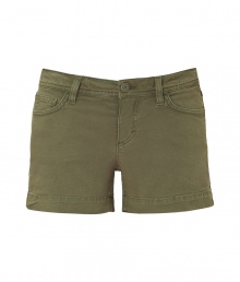 Chic shorts in fine, olive cotton stretch denim - Classic five-pocket style with belt loops, zip fly and button closure - Lower rise, curve-hugging cut and mini length accentuate a long, lean leg - Comfy yet cool, easily dressed up or down - Pair with a silk tunic top and platform pumps, or go for a more casual look with a t-shirt and sandals