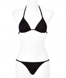 Stylish bikini in fine, synthetic fiber blend - Elegant gold tone hardware compliments classic black - Especially comfortable and flattering, thanks to a generous touch of stretch - Triangular halter top with adjustable cups ties at back and nape of neck - String brief sits at hips, offers modest coverage at rear - Sexy and sophisticated, a must for you next vacation or beach getaway - Wear solo or layer beneath a caftan and wedge sandals Stylish bikini in fine, synthetic fiber blend - Elegant gold tone hardware compliments classic black - Especially comfortable and flattering, thanks to a generous touch of stretch - Triangular halter top with adjustable cups ties at back and nape of neck - String brief sits at hips, offers modest coverage at rear - Sexy and sophisticated, a must for you next vacation or beach getaway - Wear solo or layer beneath a caftan and wedge sandals