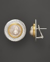 Modern button earrings in sterling silver and 24K yellow gold with Mabe pearl center.