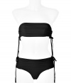 Take your swim look to the next level with this ultra-sexy bandeau bikini from La Perla by Jean Paul Gaultier - Ruched bandeau top with side cut outs and ties, back dual strap closure with clasp - Ruched bottoms with side cut out and ties - Style with a sheer caftan, wedge sandals, and a sunhat