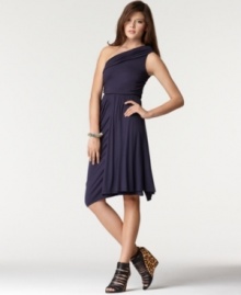 Feminine draping and ruching softens up this Bar III one-shoulder dress for a look that's sweet but not saccharine!