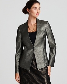 A dazzling departure from your everyday blazer, this fitted Jones New York Collection jacket boasts metallic tweed for a glamorously feminine look.