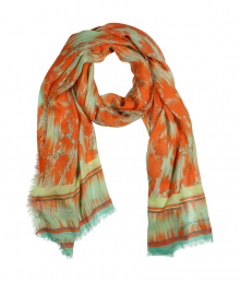 Luxe scarf in fine, modal and cashmere blend - Elegant orange hibiscus and multicolor stripe motifs - Delicate eyelash fringe at hem - Lightweight stole style drapes beautifully - A vibrant, polished must from hip London designer Matthew Williamson - Works for day or evening and compliments simple, streamlined looks - Style with a t-shirt and cropped leather jacket, or pair with a cardigan and button down silk blouse Luxe scarf in fine, modal and cashmere blend - Elegant orange hibiscus and multicolor stripe motifs - Delicate eyelash fringe at hem - Lightweight stole style drapes beautifully - A vibrant, polished must from hip London designer Matthew Williamson - Works for day or evening and compliments simple, streamlined looks - Style with a t-shirt and cropped leather jacket, or pair with a cardigan and button down silk blouse
