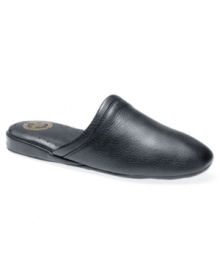 Coffee, paper, L.B. Evans slippers for men. Add one more step to your morning routine and start any day with plenty of comfort and style in this pair of men's house shoes.