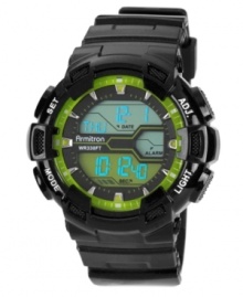 Reliable with an LCD display, this Armitron sport watch features lime green accents for subtle cool. Reliable with an LCD display, this Armitron sport watch features lime green accents for subtle cool.