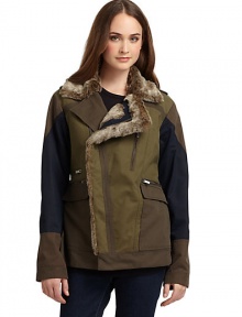 THE LOOKColorblock constructionFaux fur-linedNotched lapelAsymmetric zip closureZip pocketsTHE FITAbout 26 from shoulder to hemTHE MATERIALShell: cotton/nylonSecond fabric: acrylic/polyesterFully linedCARE & ORIGINHand washImportedModel shown is 5'10 (177cm) wearing US size Small. THE LOOKColorblock constructionFaux fur-linedNotched lapelAsymmetric zip closureZip pocketsTHE FITAbout 26 from shoulder to hemTHE MATERIALShell: cotton/nylonSecond fabric: acrylic/polyesterFully linedCARE & ORIGINHand washImportedModel shown is 5'10 (177cm) wearing US size Small.
