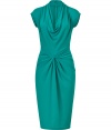 Figure-flattering and undeniably elegant, this artfully draped aquamarine dress from Michael Kors makes an enviable statement - Fitted, feminine cut contours curves - Cap sleeves and draped cowl neck  - Slimming, decorative gathered knot detail at waist - Pencil-style skirt hits at knee - Zips at back - Seamlessly transitions from work to cocktails, dinner, openings and parties - Pair with a clutch and platform pumps or sandals