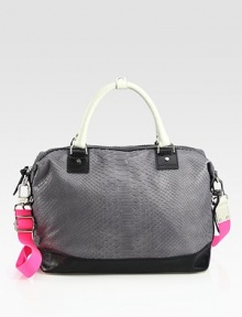 A sporty silhouette updated in rich python-embossed leather, finished with dual carrying straps.Double top handles, 6 dropDetachable, adjustable shoulder strap, 13-17 dropTop zip closureOne inside zip pocketTwo inside open pocketsCanvas lining12½W X 11H X 7DImported A sporty silhouette updated in rich python-embossed leather, finished with dual carrying straps.Double top handles, 6 dropDetachable, adjustable shoulder strap, 13-17 dropTop zip closureOne inside zip pocketTwo inside open pocketsCanvas lining12½W X 11H X 7DImported