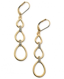 Subtle elegance, three times over. This pair of drop earrings from T Tahari is crafted from 14k gold-plated mixed metal with glass crystal accents adding a special luster. Nickel-free for sensitive skin. Approximate drop: 2 inches.