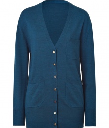 British style stalwart Paul Smith is renowned for his elegant, classic-with-a-twist aesthetic, and this azure wool cardigan is a prime example - Slim, straight cut hits below hips - Deep v-neck and long sleeves - Placket extends from chest to hem and features assorted decorative buttons - Two pockets at hips, single pocket at chest - Ideal for work or weekend and for pairing with cigarette trousers, skinny denim and pencil skirts British style stalwart Paul Smith is renowned for his elegant, classic-with-a-twist aesthetic, and this azure wool cardigan is a prime example - Slim, straight cut hits below hips - Deep v-neck and long sleeves - Placket extends from chest to hem and features assorted decorative buttons - Two pockets at hips, single pocket at chest - Ideal for work or weekend and for pairing with cigarette trousers, skinny denim and pencil skirts