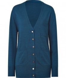 British style stalwart Paul Smith is renowned for his elegant, classic-with-a-twist aesthetic, and this azure wool cardigan is a prime example - Slim, straight cut hits below hips - Deep v-neck and long sleeves - Placket extends from chest to hem and features assorted decorative buttons - Two pockets at hips, single pocket at chest - Ideal for work or weekend and for pairing with cigarette trousers, skinny denim and pencil skirts