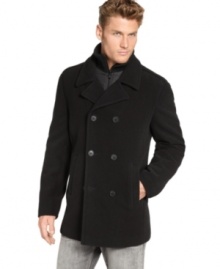 Traditional topper. You can't go wrong with the iconic design and classic warmth of this plush wool pea coat from Calvin Klein. Traditional topper. You can't go wrong with the iconic design and classic warmth of this plush wool pea coat from Calvin Klein.