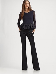 Panels of open-weave silk knit, accented with an ultra-feminine ruffled silk peplum.Jewel necklineThree-quarter sleevesRuffled, pleated peplum95% silk/5% polyesterDry cleanMade in ItalyModel shown is 5'9½ (176cm) wearing US size Small. Panels of open-weave silk knit, accented with an ultra-feminine ruffled silk peplum.Jewel necklineThree-quarter sleevesRuffled, pleated peplum95% silk/5% polyesterDry cleanMade in ItalyModel shown is 5'9½ (176cm) wearing US size Small.