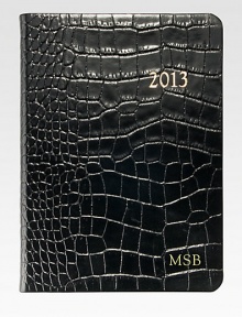 The ideal social agenda, featuring month-at-a-view and week-at-a-view pages, daily note pages plus maps, travel and holiday information.Hand-crafted, Smyth-sewn crocodile-embossed leather coverGilt-edged acid-free creamy white paperAbout 5½W X 7½HMade in USA The ideal social agenda, featuring month-at-a-view and week-at-a-view pages, daily note pages plus maps, travel and holiday information.Hand-crafted, Smyth-sewn crocodile-embossed leather coverGilt-edged acid-free creamy white paperAbout 5½W X 7½HMade in USA