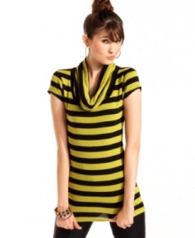 Got stripes? This cap sleeve top from Planet Gold features a draping, cowl neck and the boldest print of all.