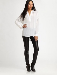 Achieve rockstar status in this leather pant, styled with back patch pockets and modern skinny-leg construction. Button closureZip flyBack patch pocketsInseam, about 29Leather with 98% cotton/2% Lycra® trimDry clean with leather specialistImportedModel shown is 5'10 (177cm) wearing US size 2. Achieve rockstar status in this leather pant, styled with back patch pockets and modern skinny-leg construction. Button closureZip flyBack patch pocketsInseam, about 29Leather with 98% cotton/2% Lycra® trimDry clean with leather specialistImportedModel shown is 5'10 (177cm) wearing US size 2.