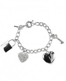 Perfectly charming! Heart, lock and key charms adorn this chic charm bracelet from Nine West. Embellished with sparkling pave crystals, it's set in silver tone mixed metal. Approximate length: 7-1/2 inches. Perfectly charming! Heart, lock and key charms adorn this chic charm bracelet from Nine West. Embellished with sparkling pave crystals, it's set in silver tone mixed metal. Approximate length: 7-1/2 inches.