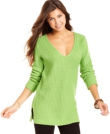With its long, tunic style and range of hues, here's a sweater you'll want to snag for the chilly season! From Planet Gold. With its long, tunic style and range of hues, here's a sweater you'll want to snag for the chilly season! From Planet Gold.