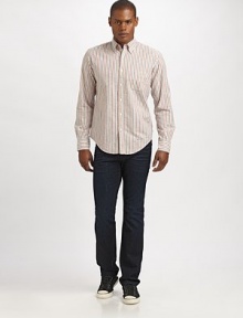 A faded, bleached bar-stripe design lends a vintage flavor to this handsomely crafted seasonless look. ButtonfrontButton-down collarChest patch pocketCottonMachine washImported A faded, bleached bar-stripe design lends a vintage flavor to this handsomely crafted seasonless look. ButtonfrontButton-down collarChest patch pocketCottonMachine washImported
