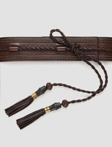 Hand-stained leather styled with tassels, studs and bamboo detail with antique gold hardware. About 2½ wide Made in Italy Hand-stained leather styled with tassels, studs and bamboo detail with antique gold hardware. About 2½ wide Made in Italy