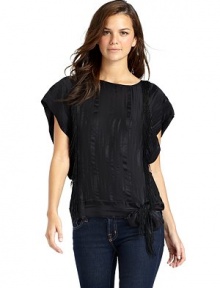 THE LOOKAbstract brush stroke printPullover styleRound necklineShort dolman sleevesCascading fringe and bead detailsBanded hem with side tieTHE FITAbout 25 from shoulder to hemTHE MATERIALSilkCARE & ORIGINDry cleanImported